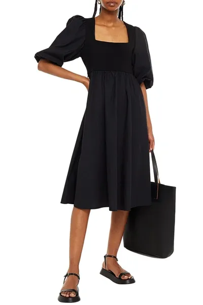 Gestuz Christin Jersey-paneled Cotton-poplin Midi Dress In Black