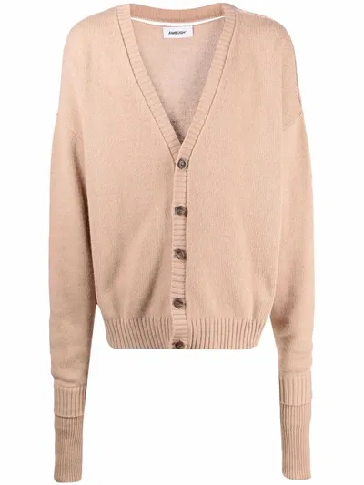 Ambush Logo-intarsia Cardigan In Beige