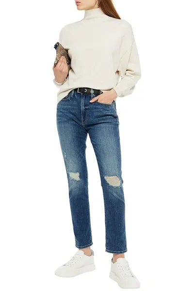 Frame Le Beau Crop Distressed Slim Boyfriend Jeans In Mid Denim