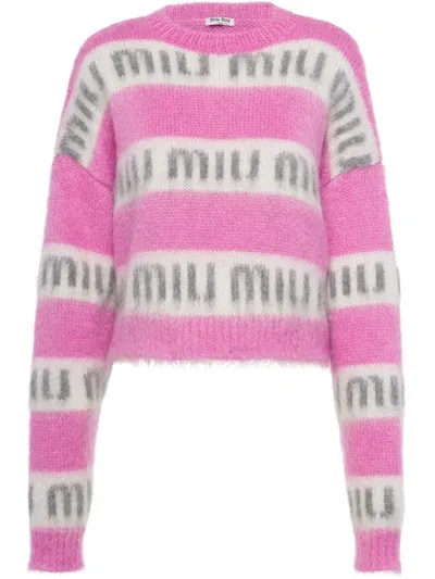 Miu Miu Logo Print Pink/cream Jumper In Fuchsia