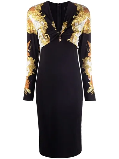 Versace Baroque Perinting V Neck L/s Long Dress In Black