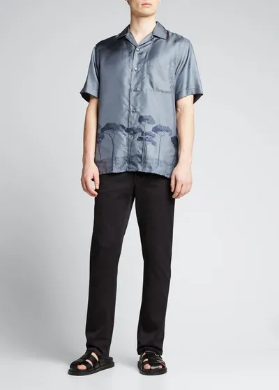 Brioni Men's Roman Tree-print Silk Camp Shirt In Grey