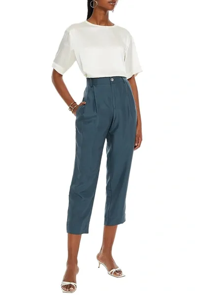 Vince Cropped Pleated Silk Tapered Pants In Blue