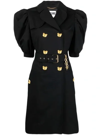 Moschino Teddy Buttons Stretch Gabardine Trench Coat In Black