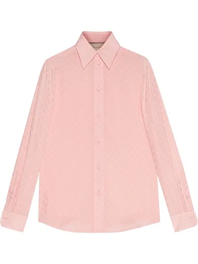 Gucci Gg Jacquard Silk Crepe Shirt In Pink & Purple