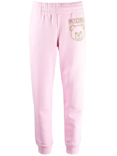 Moschino Pink Cotton Jogging Pants With Crystal Teddy Bear