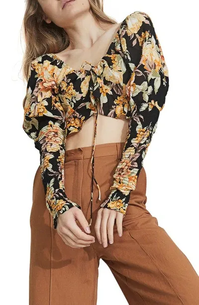 Bardot Floral Tie Crop Top In Black