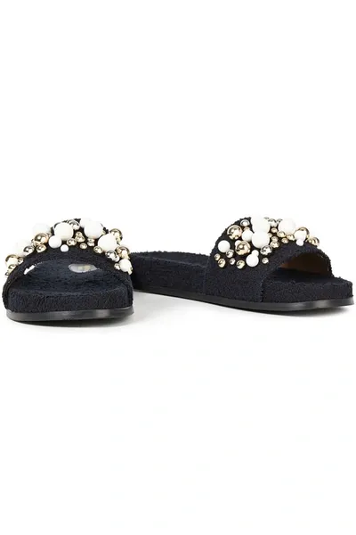 Aquazzura Bon Bon Bead-embellished Terry Slides In Black