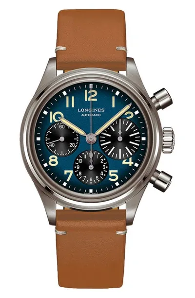 Longines Men's Swiss Automatic Chronograph Avigation Bigeye Brown Leather Strap 41mm In Petroleum