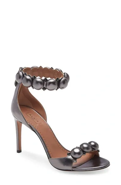 Alaïa Bombe Stud Metallic Ankle-wrap High-heel Sandals In Cendre