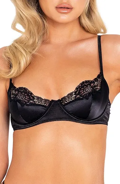 Roma Confidential Lace Trim Satin Underwire Bra & Thong Set In Black