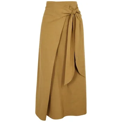 Vince Tie-front Pleated Linen-blend Maxi Skirt In Mosswood