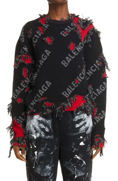 Balenciaga Cropped Distressed Jacquard-knit Wool-blend Sweater In Grey & Black & Red