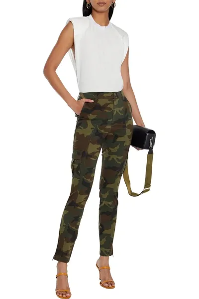 Alice And Olivia Keith Printed Cotton-blend Twill Slim-leg Pants In Army Green