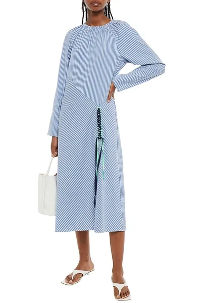 Tibi Kaia Braid-trimmed Striped Cotton-blend Poplin Midi Dress In Blue