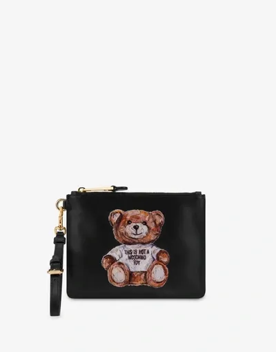 Moschino Painted Teddy Bear Calfskin Clutch In Black