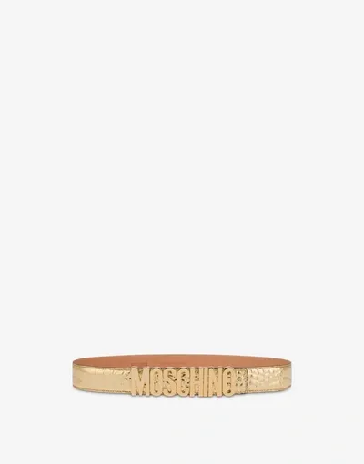 Moschino Croco Print Laminated Belt In Gold