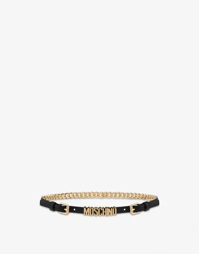 Moschino Lettering Logo Calfskin And Chain Belt In Black