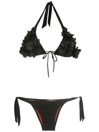 Amir Slama Floral-detail Triangle Bikini Set In Schwarz