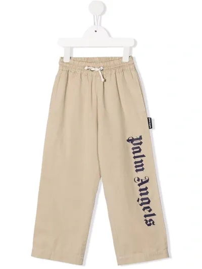 Palm Angels Kids' Logo-print Straight-leg Trousers In Neutrals