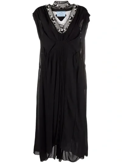 Prada Jacquard Knit-trim Draped-effect Long Dress In Black