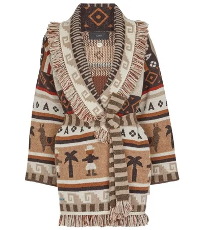 Alanui The Long Way To Ushuaia Belted Fringed Cashmere-blend Jacquard Cardigan In Brown