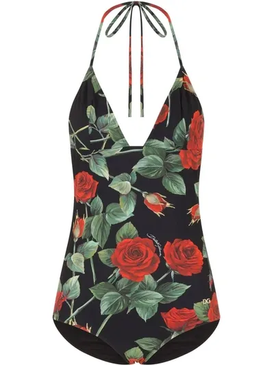 Dolce & Gabbana Rose-print Swimsuit In Schwarz