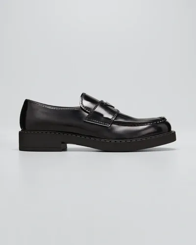 Prada Men's Triangle Logo Leather Loafers In Nero