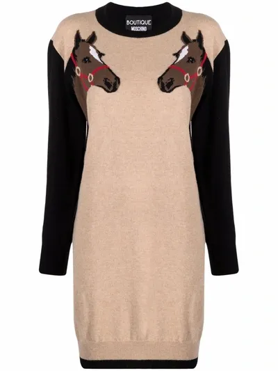 Boutique Moschino Extrafine Merino Wool Horses Dress In Beige