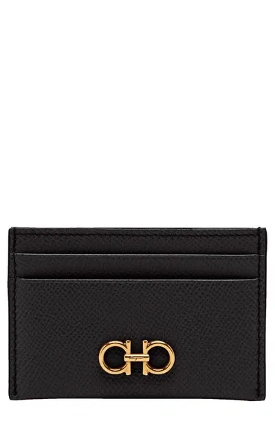 Ferragamo Double Gancio Leather Card Case In Nero Nero