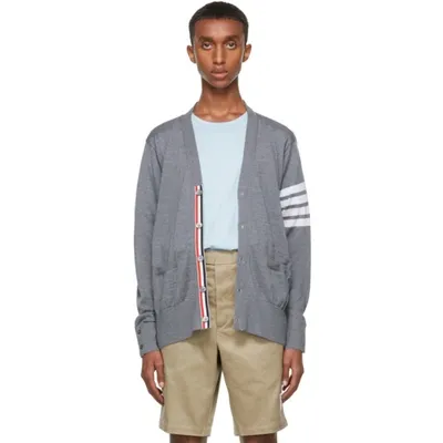 Thom Browne V-neck Cardigan With 4-bar Stripe In Medium Grey Merino