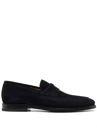 Santoni Almond Toe Suede Loafers In Black