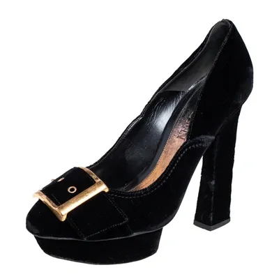 Pre-owned Alexander Mcqueen Black Velvet Buckle Platform Pumps Size 39