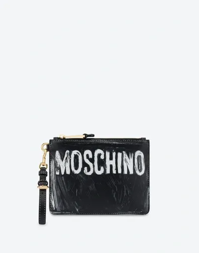 Moschino Painted Logo Calfskin Clutch In Black