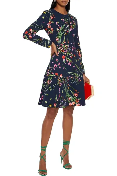 Lela Rose Floral-print Stretch-crepe Dress In Navy