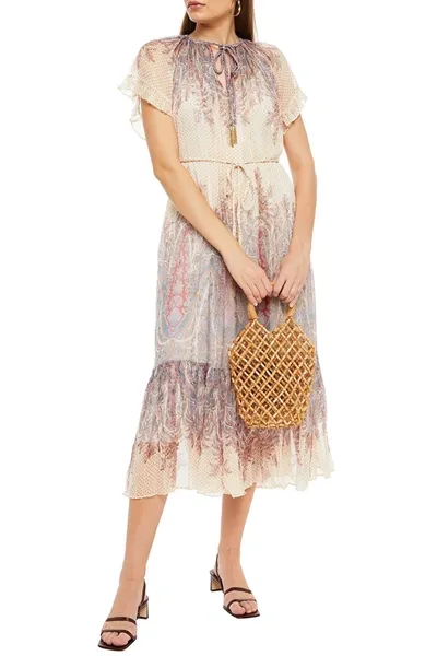 Zimmermann Belted Gathered Printed Silk-crepon Midi Dress In Cream