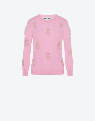 Moschino Pearls Dollars Wool Sweater In Pink