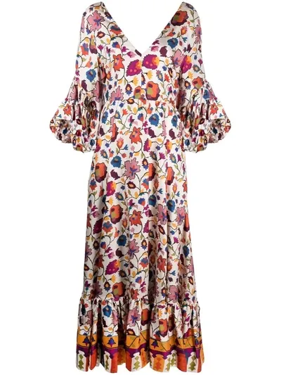 La Doublej Bella Ruffled Floral-print Silk-twill Maxi Dress In White