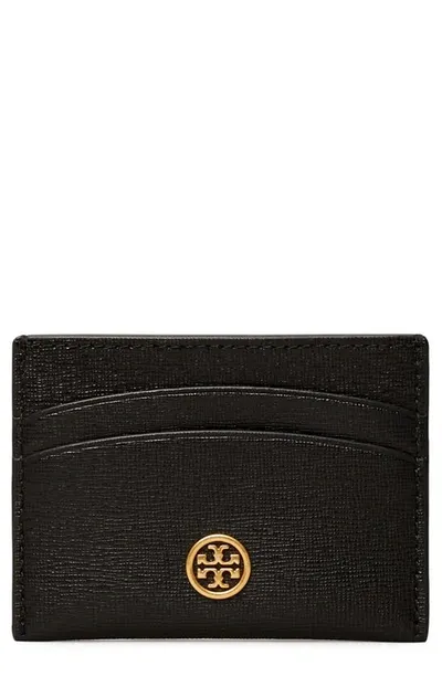 Tory Burch Robinson Leather Card Case In Black/brass