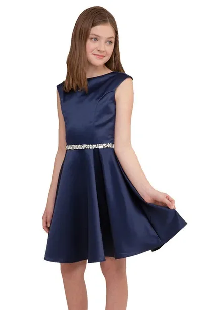 Un Deux Trois Kids' Girl's Fit-and-flare Belted Dress In Navy