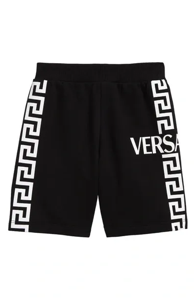 Versace Teen Greca-logo Cotton Track Shorts In Black