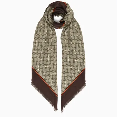 Gucci Brown Gg Jacquard Frayed Scarf In Multicolor