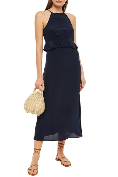 Zimmermann Gathered Silk Crepe De Chine Peplum Midi Dress In Navy