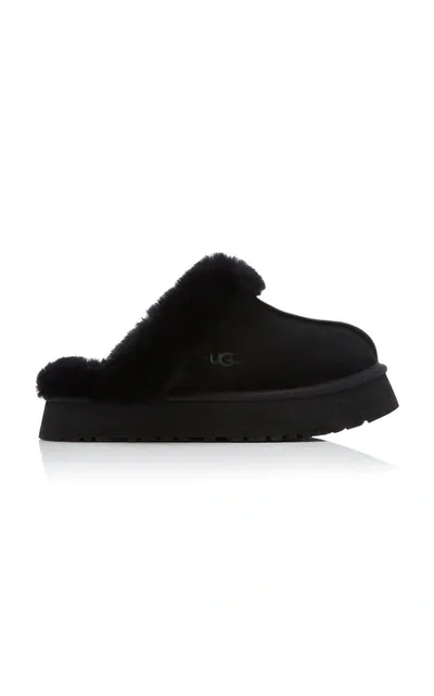 Ugg Disquette Sheepskin-lined Suede Platform Slippers In Black