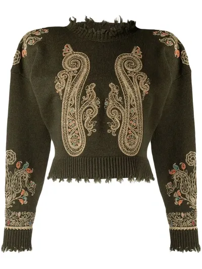 Etro Metallic Buillion Embroidered Raw-edge Sweater In Green