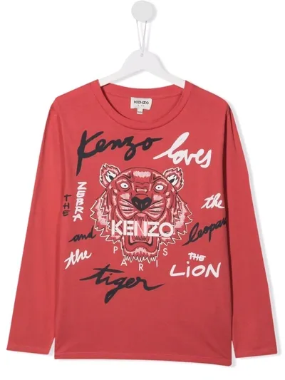 Kenzo Kids' Tiger-print Organic Cotton T-shirt In Lampone