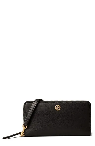 Tory Burch Robinson Continental Leather Wallet In Black