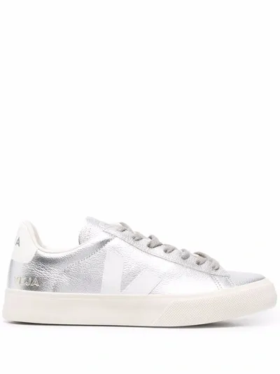 Veja Campo Metallic Leather Sneakers In Silver White