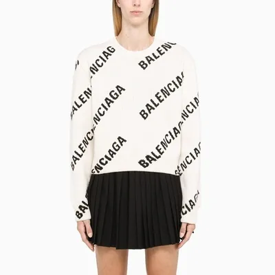 Balenciaga White/black Jacquard Logo Cropped Sweater