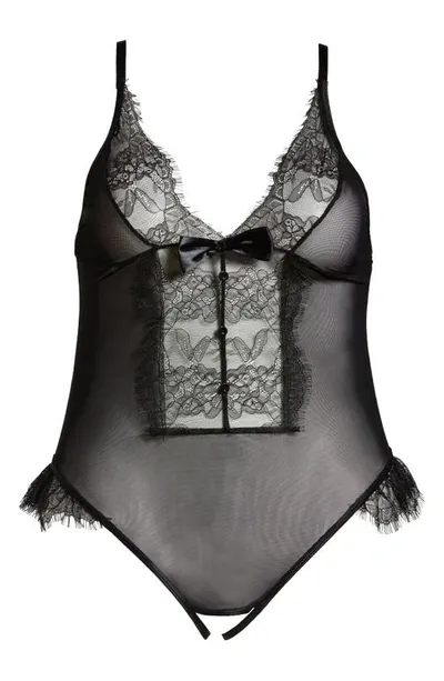 Coquette Lace & Mesh Open Gusset Teddy In Black